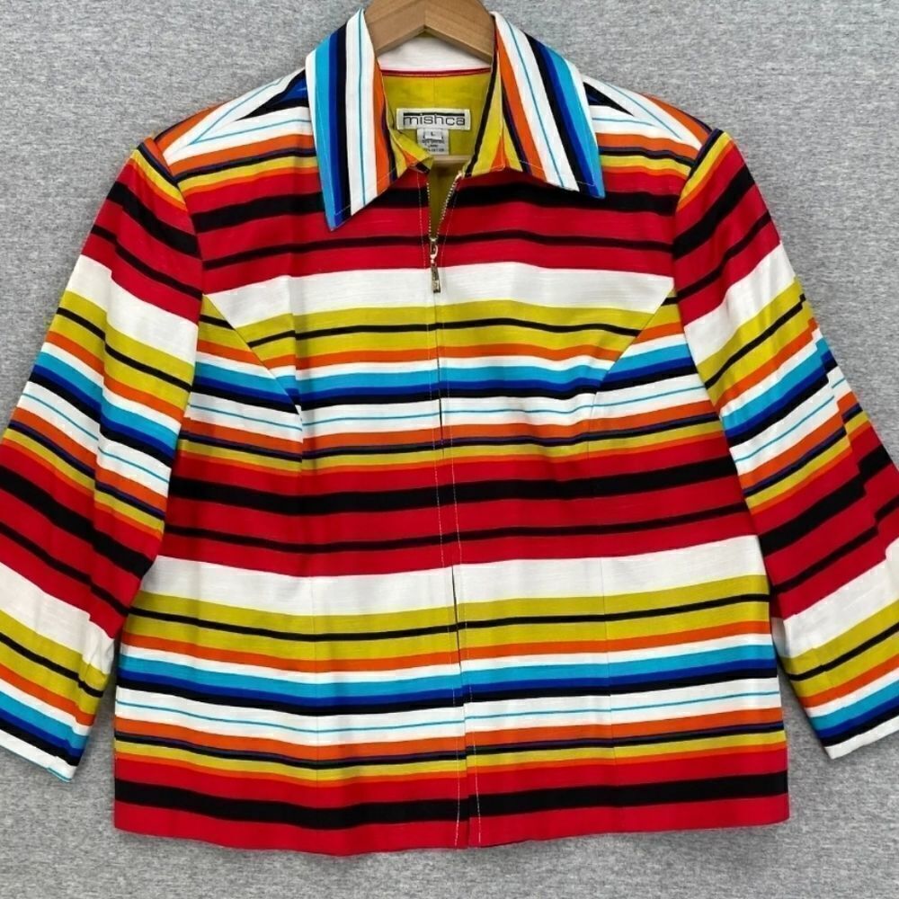 Mishca Large Red Yellow Striped Full Zip 3/4 Sleeve Colorful Women’s Jacket